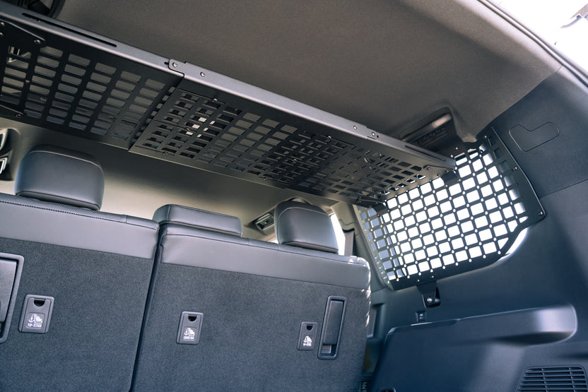 Molle Panel Storage Shelf for the 2024 Toyota Land Cruiser at height above headrest