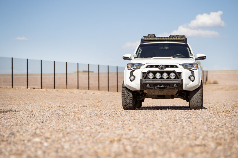 Full light and winch setup on the Center Mount Winch Front Bumper with Top Hoop for 2014-2024 Toyota 4Runner